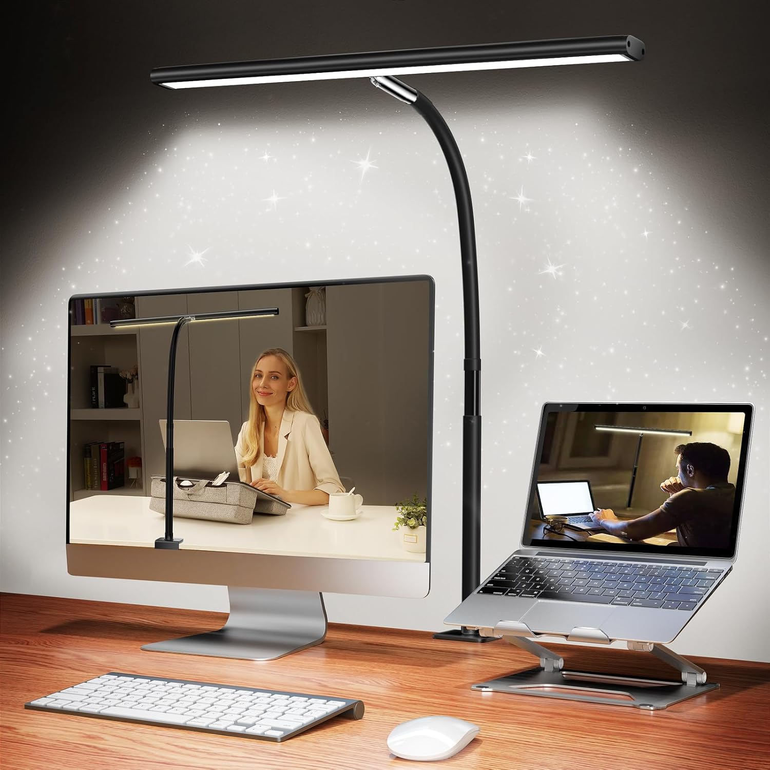 Airlonv LED Desk Lamp with Clamp, 17" Stepless Dimming Light, Black | 2700K-6500K, 100 LEDs, 360° Gooseneck, Fits Up to 30" Monitors, Flicker-Free Lighting for Home Office, Study& Workbench