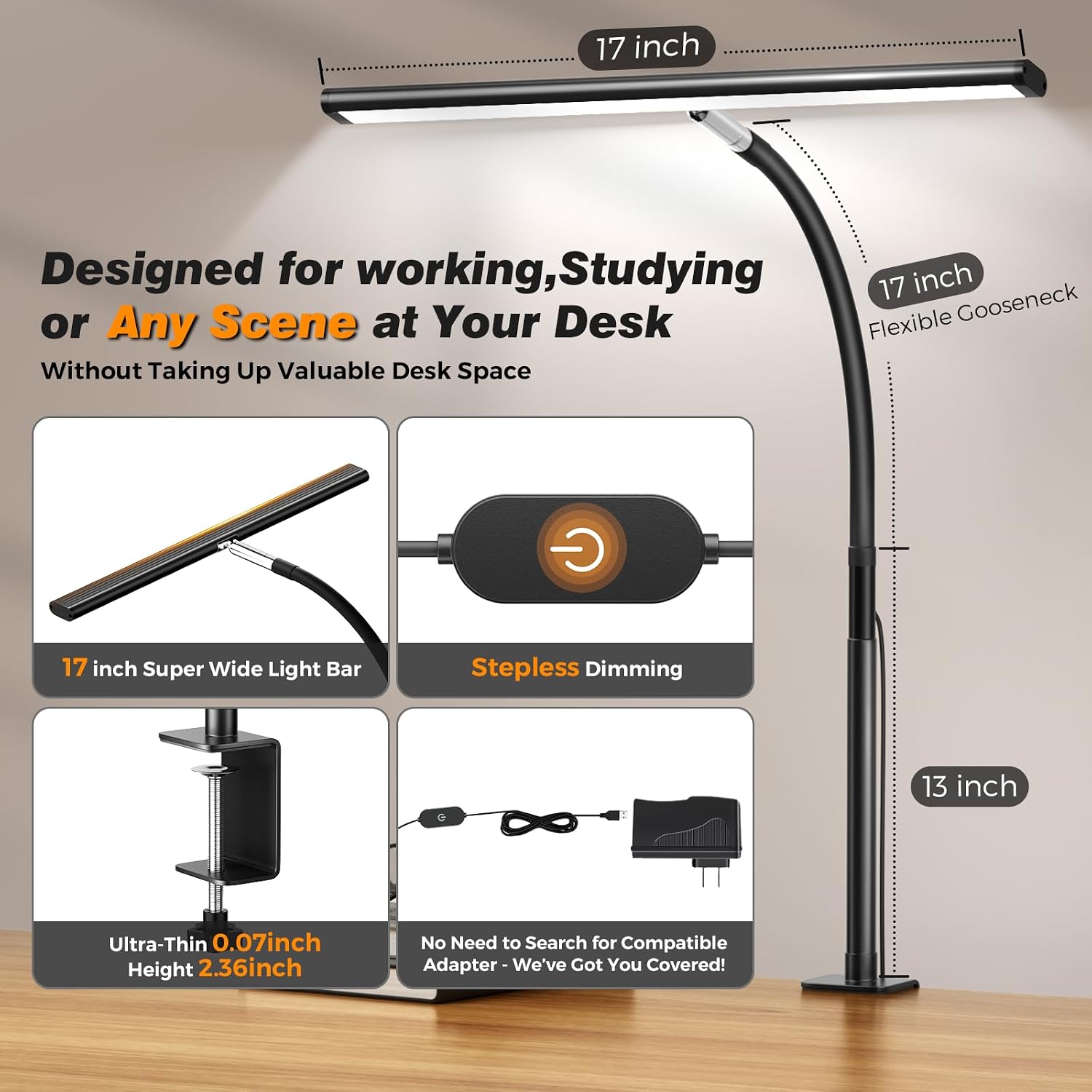 Airlonv LED Desk Lamp with Clamp, 17" Stepless Dimming Light, Black | 2700K-6500K, 100 LEDs, 360° Gooseneck, Fits Up to 30" Monitors, Flicker-Free Lighting for Home Office, Study& Workbench - Image 3