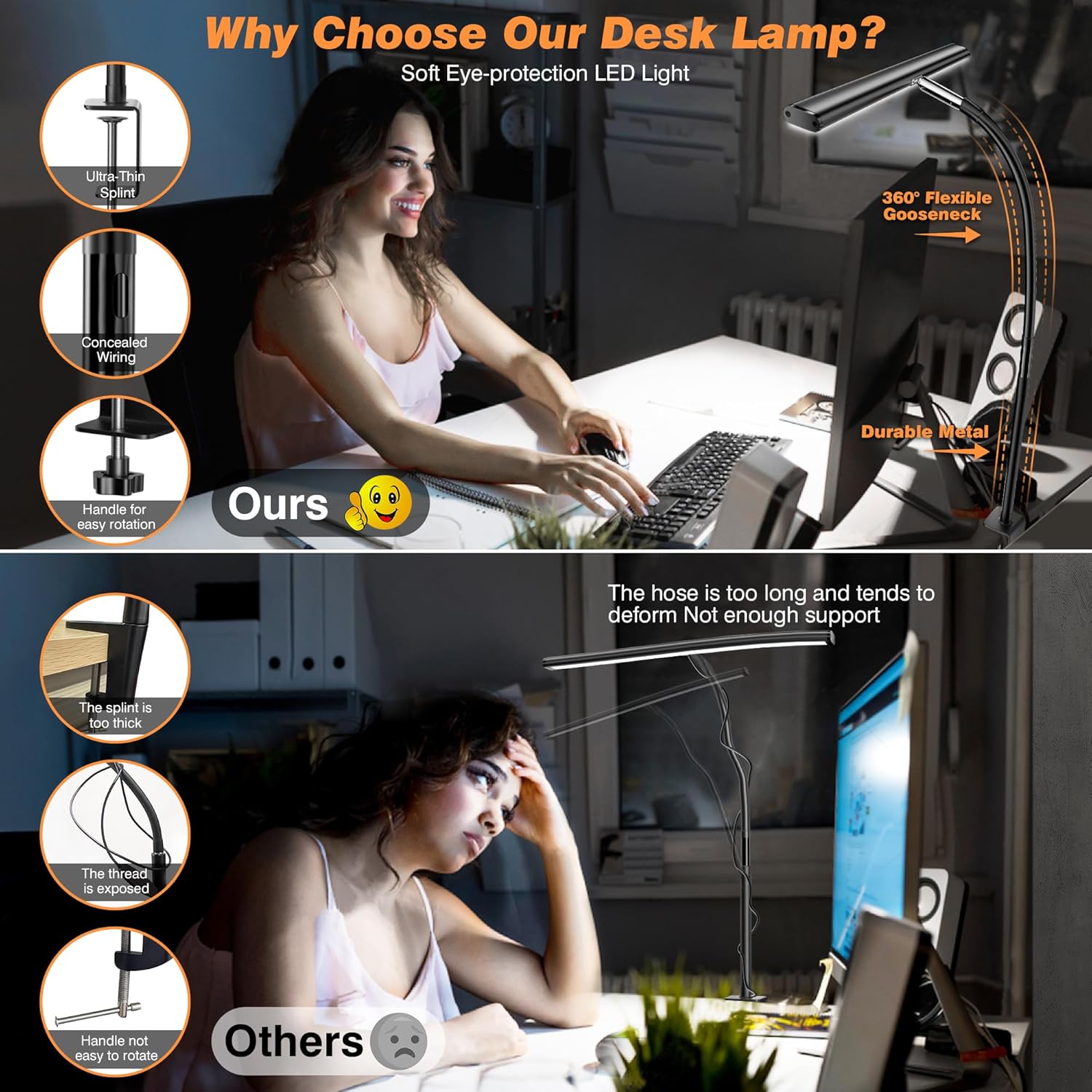 Airlonv LED Desk Lamp with Clamp, 17" Stepless Dimming Light, Black | 2700K-6500K, 100 LEDs, 360° Gooseneck, Fits Up to 30" Monitors, Flicker-Free Lighting for Home Office, Study& Workbench - Image 4