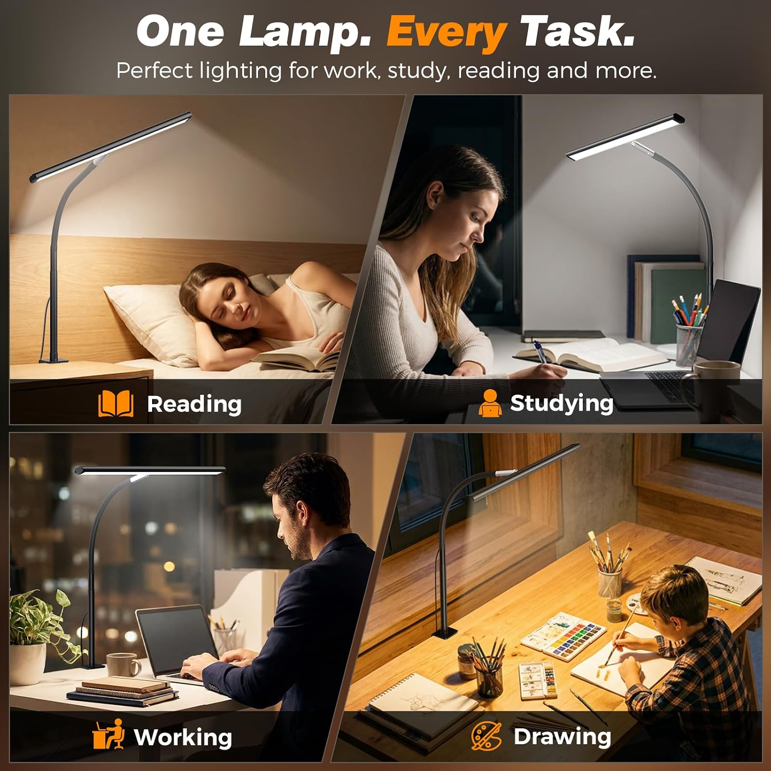 Airlonv LED Desk Lamp with Clamp, 17" Stepless Dimming Light, Black | 2700K-6500K, 100 LEDs, 360° Gooseneck, Fits Up to 30" Monitors, Flicker-Free Lighting for Home Office, Study& Workbench - Image 5