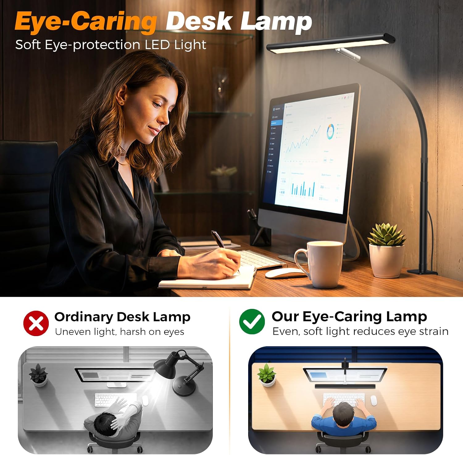 Airlonv LED Desk Lamp with Clamp, 17" Stepless Dimming Light, Black | 2700K-6500K, 100 LEDs, 360° Gooseneck, Fits Up to 30" Monitors, Flicker-Free Lighting for Home Office, Study& Workbench - Image 6
