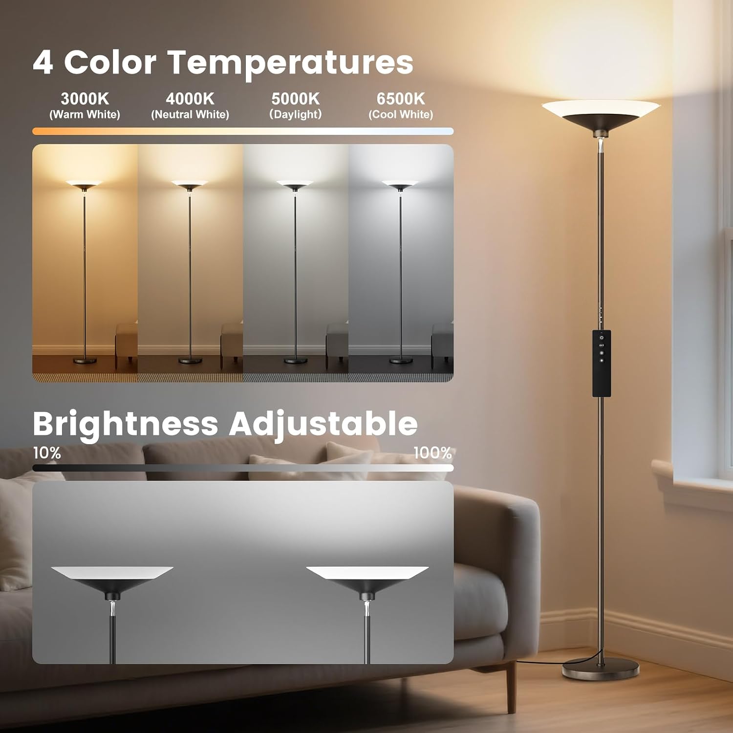 Torchiere Floor Lamp - 72" Tall LED Standing Lamp with Remote/Button Control, 1800Lm, 3000-6500K, 30W Dimmable Modern Corner Floor Light for Living Room Bedroom Office Apartment, Black - Image 3