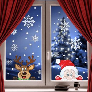 300 PCS 8 Sheet Christmas Snowflake Window Cling Stickers for Glass, Xmas Decals Decorations Holiday Snowflake Santa Claus Reindeer Decals for Christmas Home Glass Decoration Party Supplies