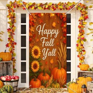 BlissYard Fall Door Cover Thanksgiving Decor Pumpkin Sunflower 35x71 Inch | Happy Fall Y’all Artwork, Rustic Wood Style, Polyester Fabric, Easy Hanging Design, Seasonal Accent