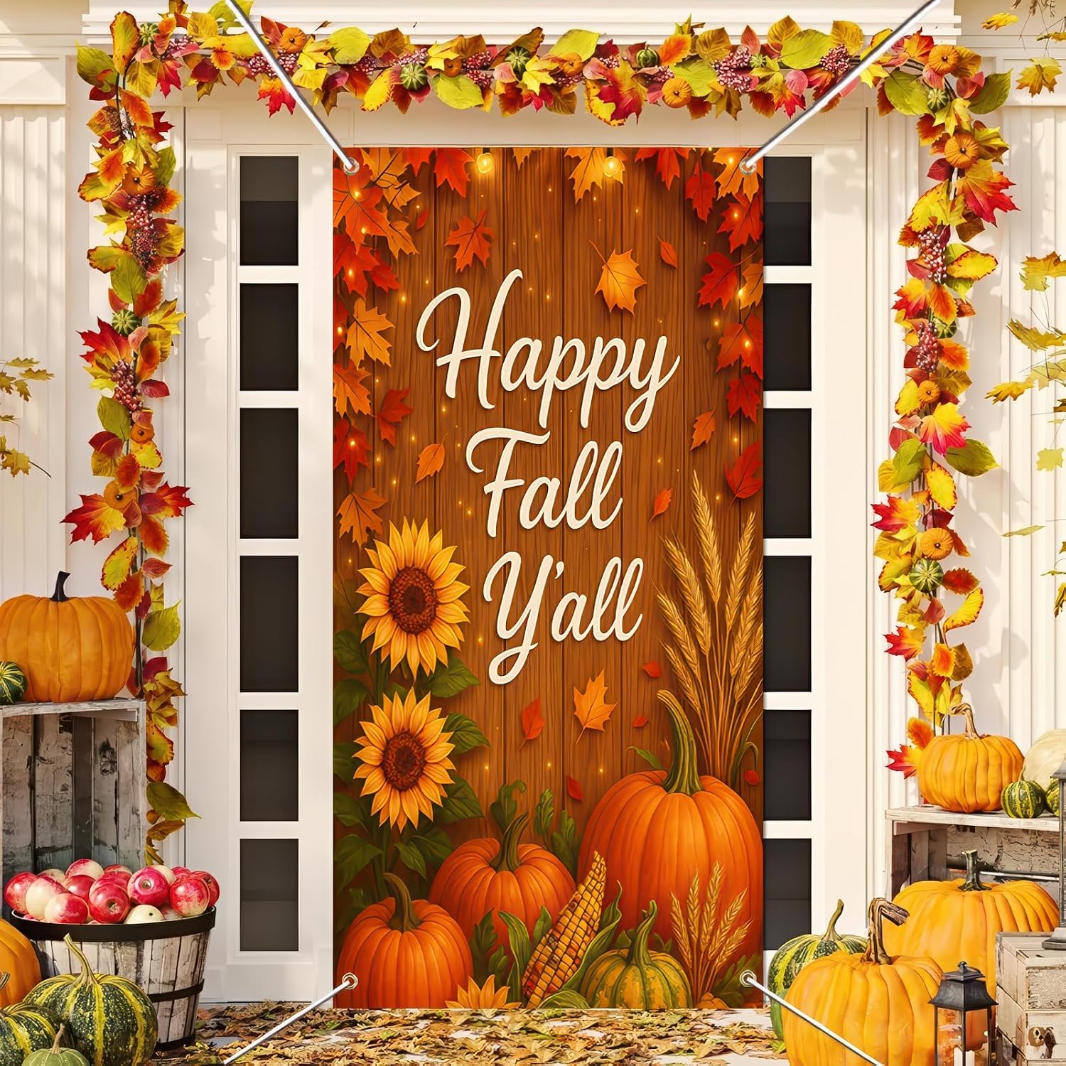 BlissYard Fall Door Cover Thanksgiving Decor Pumpkin Sunflower 35x71 Inch | Happy Fall Y’all Artwork, Rustic Wood Style, Polyester Fabric, Easy Hanging Design, Seasonal Accent