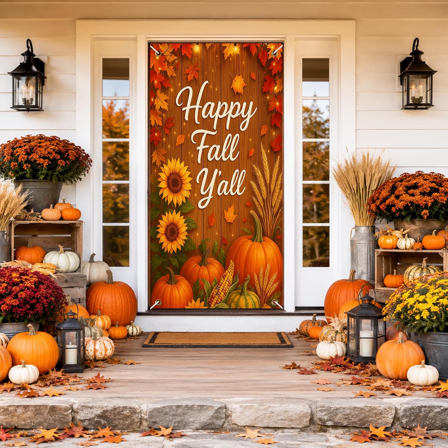 BlissYard Fall Door Cover Thanksgiving Decor Pumpkin Sunflower 35x71 Inch | Happy Fall Y’all Artwork, Rustic Wood Style, Polyester Fabric, Easy Hanging Design, Seasonal Accent - Image 3
