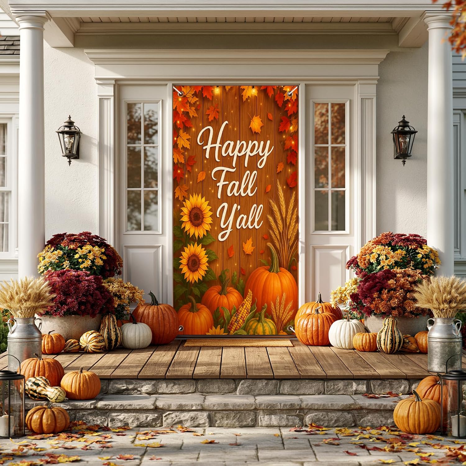 BlissYard Fall Door Cover Thanksgiving Decor Pumpkin Sunflower 35x71 Inch | Happy Fall Y’all Artwork, Rustic Wood Style, Polyester Fabric, Easy Hanging Design, Seasonal Accent - Image 4