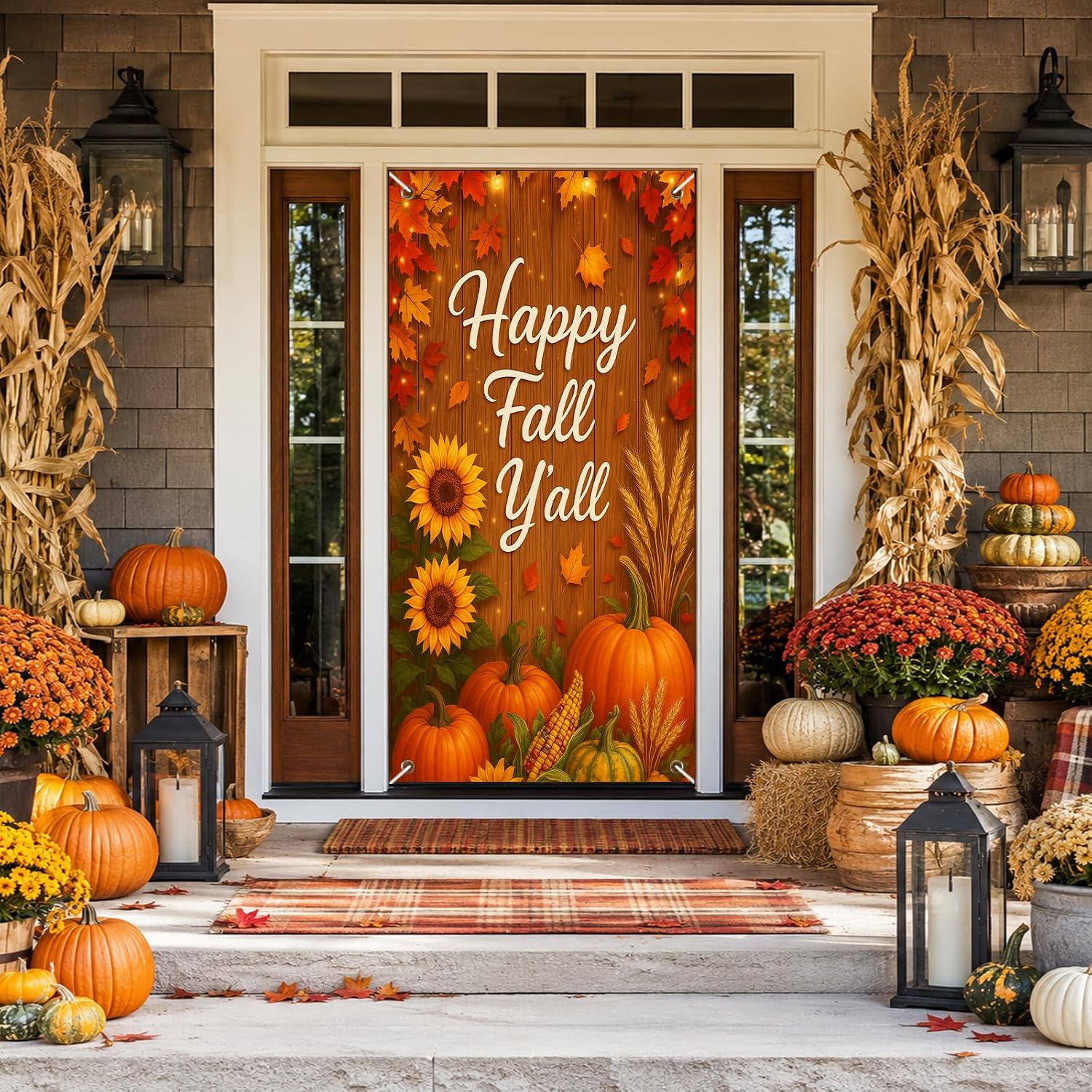 BlissYard Fall Door Cover Thanksgiving Decor Pumpkin Sunflower 35x71 Inch | Happy Fall Y’all Artwork, Rustic Wood Style, Polyester Fabric, Easy Hanging Design, Seasonal Accent - Image 5