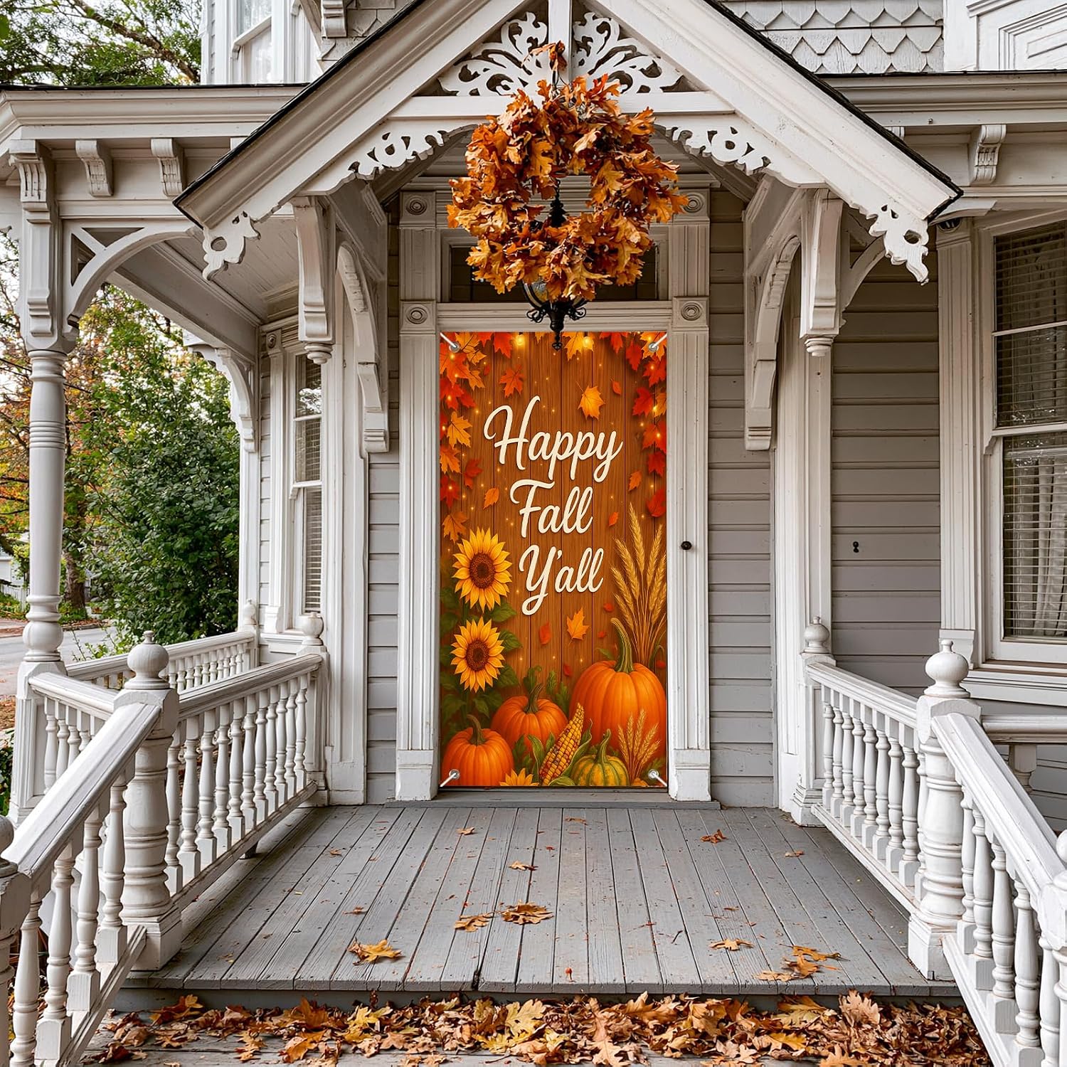 BlissYard Fall Door Cover Thanksgiving Decor Pumpkin Sunflower 35x71 Inch | Happy Fall Y’all Artwork, Rustic Wood Style, Polyester Fabric, Easy Hanging Design, Seasonal Accent - Image 6