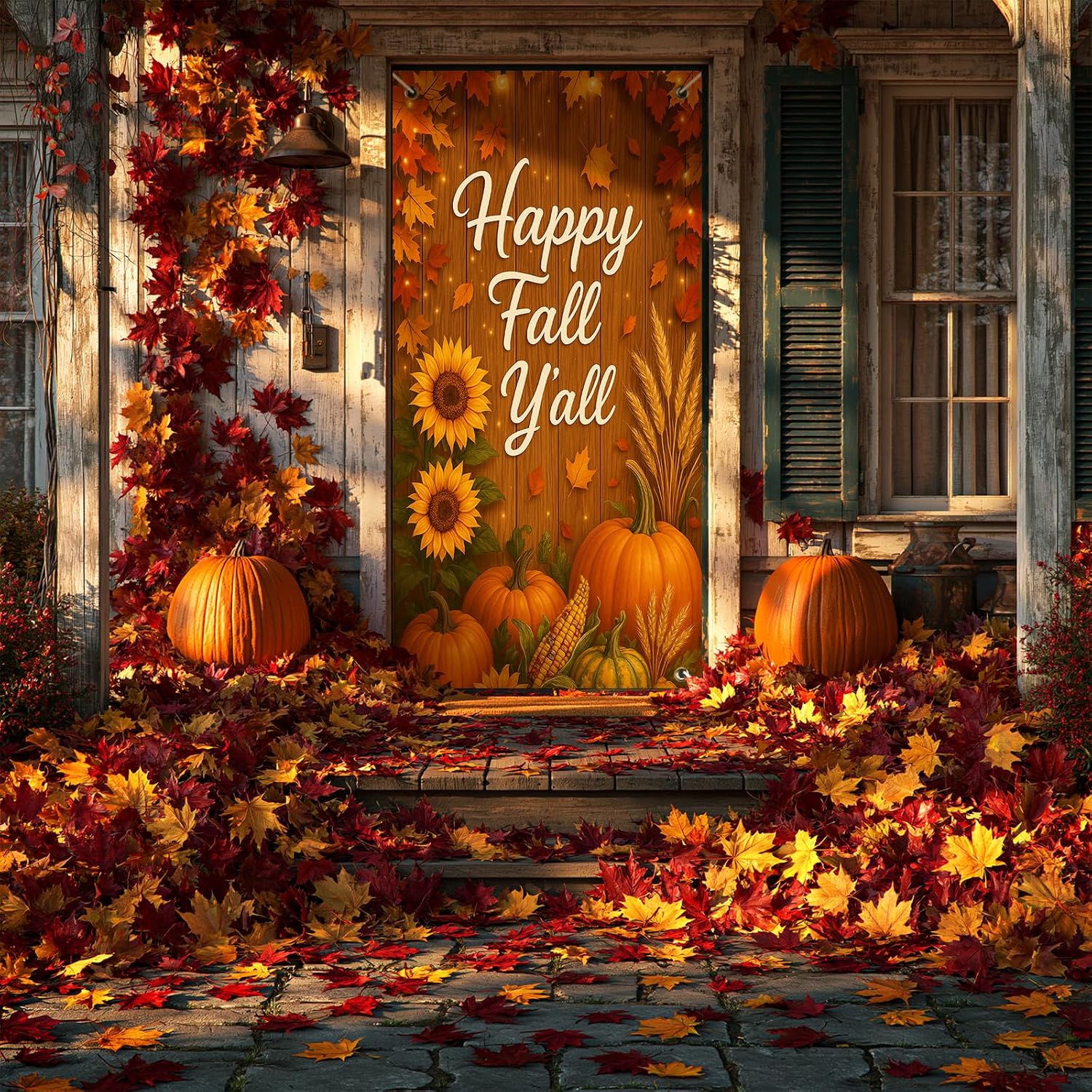BlissYard Fall Door Cover Thanksgiving Decor Pumpkin Sunflower 35x71 Inch | Happy Fall Y’all Artwork, Rustic Wood Style, Polyester Fabric, Easy Hanging Design, Seasonal Accent - Image 7