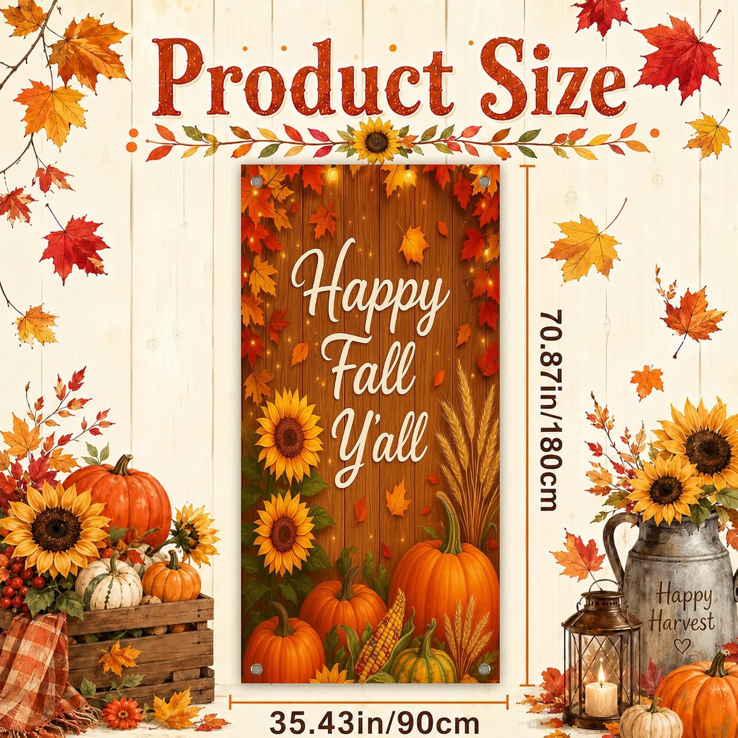 BlissYard Fall Door Cover Thanksgiving Decor Pumpkin Sunflower 35x71 Inch | Happy Fall Y’all Artwork, Rustic Wood Style, Polyester Fabric, Easy Hanging Design, Seasonal Accent - Image 8