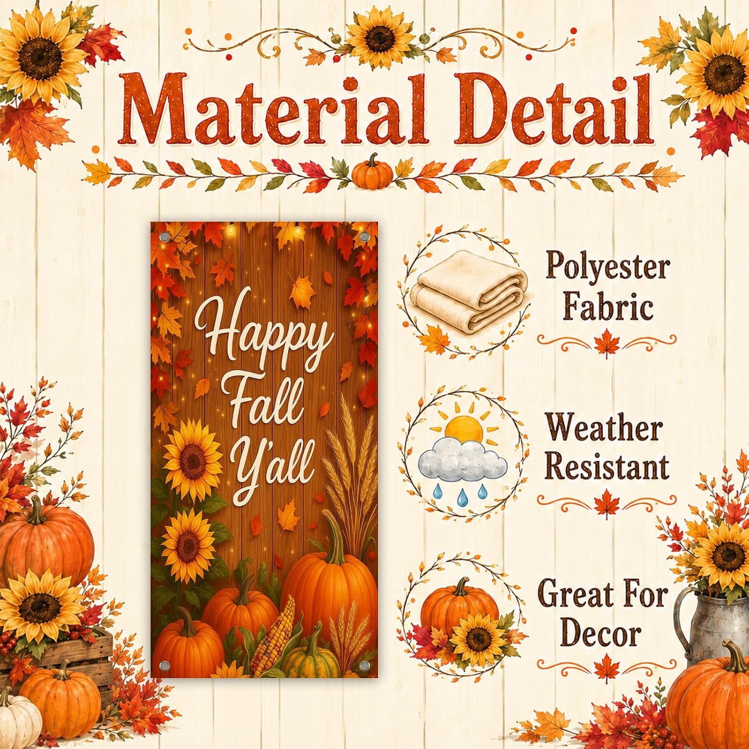 BlissYard Fall Door Cover Thanksgiving Decor Pumpkin Sunflower 35x71 Inch | Happy Fall Y’all Artwork, Rustic Wood Style, Polyester Fabric, Easy Hanging Design, Seasonal Accent - Image 9