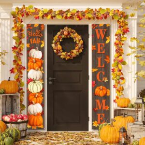 MEHOFOND Fall Door Banner Porch Decorations Welcome Sign Pumpkin Maple Leaves Autumn Outdoor Farmhouse Fall Door Cover Thanksgiving Hanging Banner Set for Home Holiday